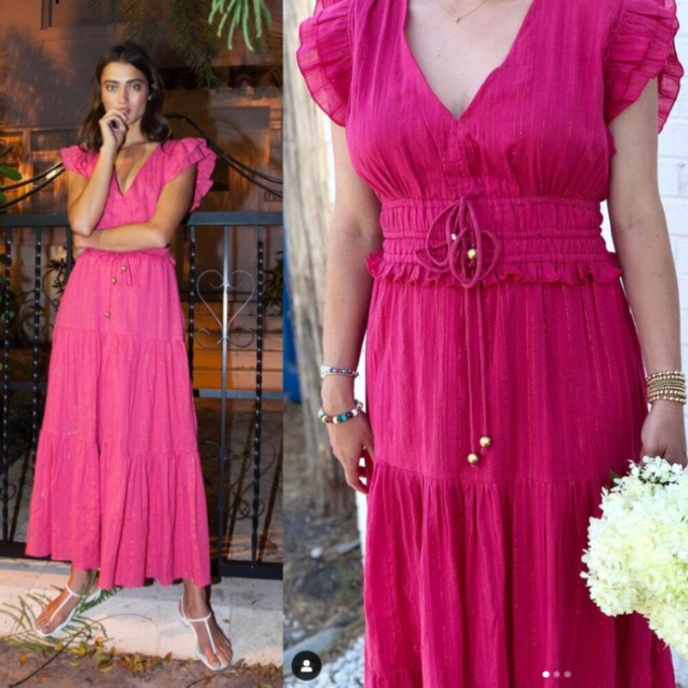 Karina Grimaldi Karla Metallic Flutter Sleeve Tiered Maxi Dress Fuschia Pink XS